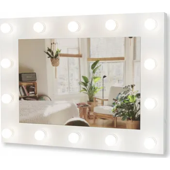 Zrcadlo Zrcadlo Závěsné Bílé Hollywood Make-up 80x60 Broušené 14 LED Bodů Rám