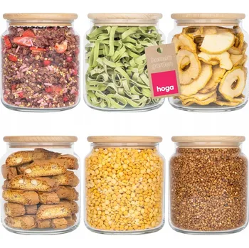 Dóza na potraviny 6X SKLENĚNÁ NÁDOBA NA POTRAVINY PRO SÝPKÉ POTRAVINY S DŘEVĚNÝM VÍKEM 1080ml