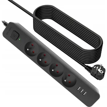 Napájecí kabel Přepěťová ochrana Defender 5 m 4 zásuvky černá se 3 USB