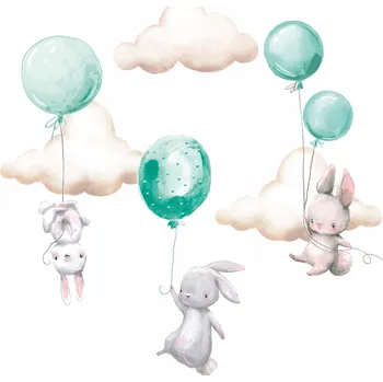 Samolepící dekorace Samolepky na zeď Zaplanowane králíčci s balónky, tyrkysové, 100x50 cm