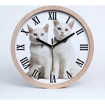 Hodiny Velké dřevěné tiché nástěnné hodiny bílé kočky průměr 30 cm