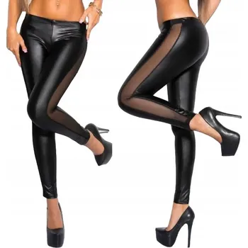 Dámské legíny ČERNÉ LEGÍNY IMITACE KŮŽE S PRŮSVITNÝMI PRUHY NA STRANĚ VELIKOST S/M