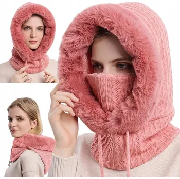 Čepice DÁMSKÁ KUKLA ČEPICE NÁKRČNÍK S KOŽÍŠKEM TEPLÁ JEDNODÍLNÁ NA ZIMU RŮ