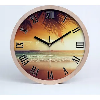 Hodiny Dřevěné nástěnné hodiny tropická pláž průměr 25 cm