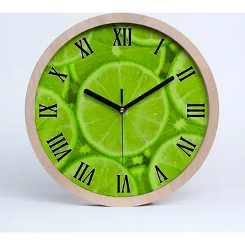 Hodiny Dřevěné nástěnné hodiny s římskými číslicemi, limetková barva, průměr 25 cm