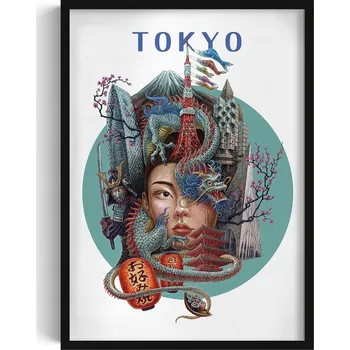 Obraz Stylový obraz v rámu Tokio Tokyo Tower Hora Fudži Drak Višňový květ 50x70 cm