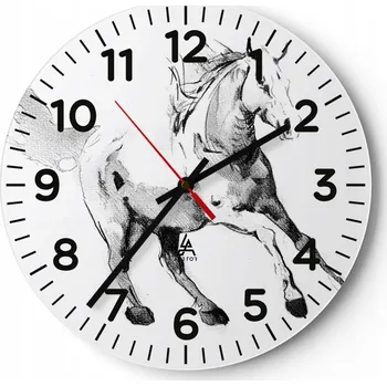 Hodiny Nástěnné hodiny do obýváku 40x40 Kůň Kulatý Skleněné hodiny Loft Tiché