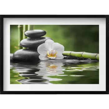 Obraz Nástěnný obraz černý rám Zen - kameny, bambus a květina na vodě 70x50 cm