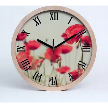 Hodiny Velké dřevěné nástěnné hodiny s motivem vlčích máků, průměr 25 cm