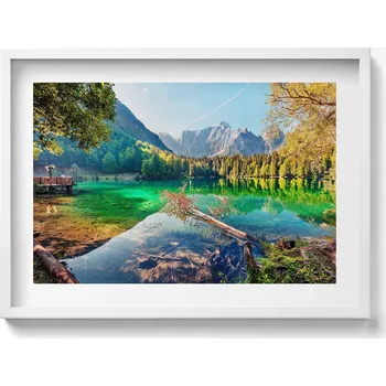 Obraz Obraz grafika v bílém rámu: Horská krajina s jezerem a stromy, 70x50 cm