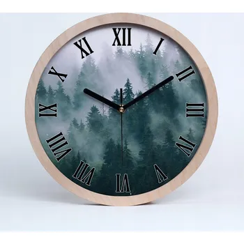 Hodiny Dřevěné nástěnné hodiny mlha nad lesem průměr 25 cm