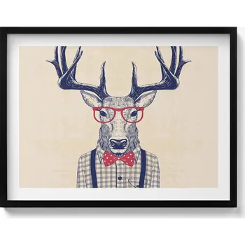 Obraz Nástěnný obraz v černém rámu Jelen v košili a jazzovém motýlku 80x60 cm