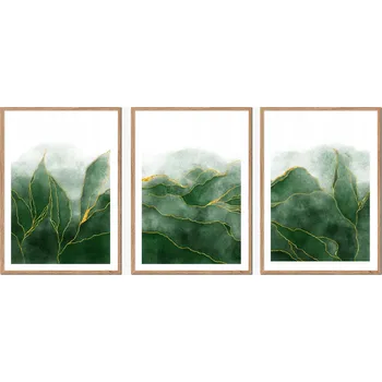 Obraz TRYPTYCH Sada 3 OBRAZŮ V RÁMU zelené zlaté listy rostliny P2586_33x43