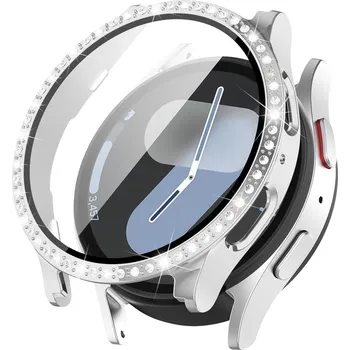 Příslušenství k chytrým hodinkám Barevné ochranné pouzdro s tvrzeným sklem a diamanty pro Samsung Galaxy Watch 4/5 44mm Barva: Stříbrná