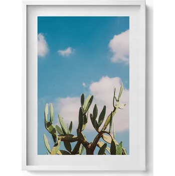 Obraz Dekorativní nástěnný obraz s grafikou v bílém rámu Kaktus na pozadí oblohy 50x70 cm