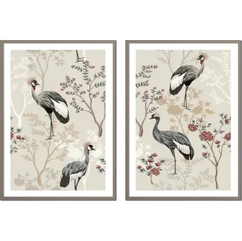 Obraz DYPTYCH Sada 2 OBRAZŮ V RÁMU Jeřábi PRL vesnice idylka P2551_43x53