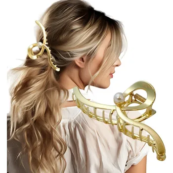 Flamenco Mystique Sponka do vlasů XL kovová zlatá s perlou 12,5 cm SP377