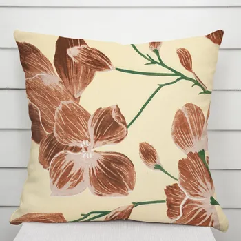 Povlak na dekorativní polštářek Bavlněný povlak na polštář Sandra SA-536 Hnědé orchideje na vanilkově žlutém 30 x 50 cm