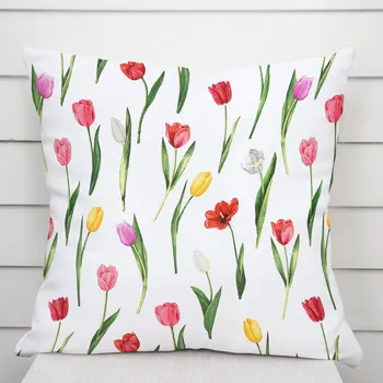 Povlak na dekorativní polštářek Bavlněný povlak na polštář Sandra SA-506 Tulipány na bílém 50 x 70 cm