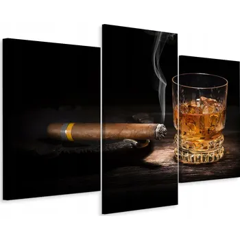 Obraz Obraz Triptych Whisky ve Sklenici, CIGÁRO, Kouř 3D 90x60 cm