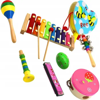 Hudební nástroj pro děti SADA DŘEVĚNÝCH HUDEBNÍCH NÁSTROJŮ – xylofon, bubínek, tamburína a foukací harmonika
