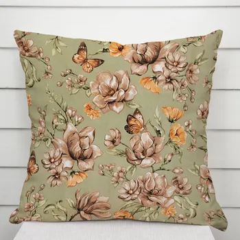 Povlak na dekorativní polštářek Bavlněný povlak na polštář Sandra SA-472 Hnědé květy magnolie na zeleném 40 x 60 cm