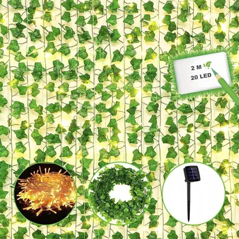 Vánoční dekorace Solární girlanda LED, listy břečťanu, světelný řetěz 2 m, 20 LED diod