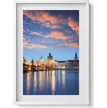 Obraz Nástěnný obraz v bílém rámu s grafikou Městská krajina večer 50x70 cm