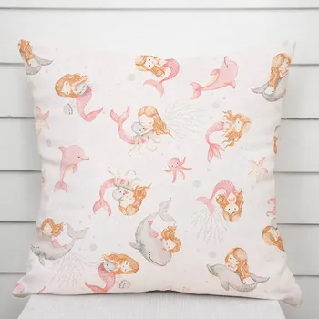 Povlak na dekorativní polštářek Dětský bavlněný povlak na polštář Sandra SA-527 Růžové mořské panny s delfíny a velrybami na bílém 40 x 40 cm
