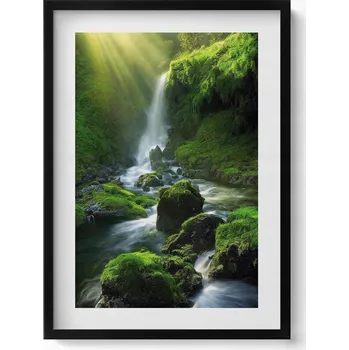 Obraz Dekorativní nástěnný obraz v černém rámu do obýváku Vodopád a skály 50x70 cm