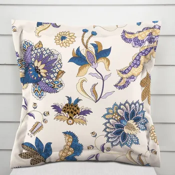 Povlak na dekorativní polštářek Bavlněný povlak na polštář s lemem Sandra SA-539 Modro-fialové orientální květy na světle béžovém 40 x 60 cm