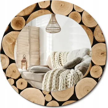 Zrcadlo Stylové kulaté zrcadlo na zeď s potiskem na skle průměr 50 cm Dřevěné klády