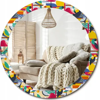 Zrcadlo Zrcadlo nástěnné se skleněným rámem Velké průměr 90 cm Geometrické tropické ptáci