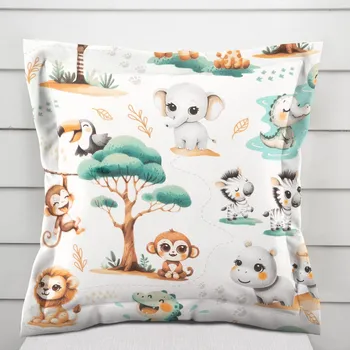 Povlak na dekorativní polštářek Dětský bavlněný povlak na polštář s lemem Sandra SA-513 Africká zvířátka na bílém 40 x 40 cm