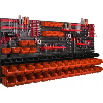 Obraz Nástěnná dílenská deska / panel na nářadí 172 x 78 cm, 63 boxů / úložných nádob, garážový regál