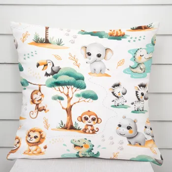 Povlak na dekorativní polštářek Dětský bavlněný povlak na polštář Sandra SA-513 Africká zvířátka na bílém 50 x 50 cm