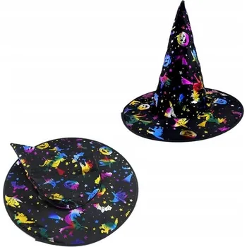 Karnevalový doplněk KLOBOUK ČARODĚJNICE ČERNÝ BAREVNÝ VZOR DÝNĚ KOČKA NETOPÝR HALLOWEEN