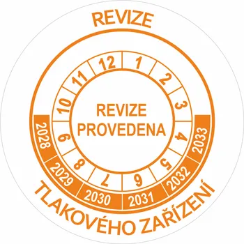 Samolepící etiketa Revize tlakového zařízení 2028-2033 samolepící vinylová fólie 40 mm aršík 10 kusů