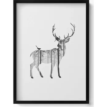 Obraz Obraz v černém rámu na zeď Silueta jelena a les 50x70 cm