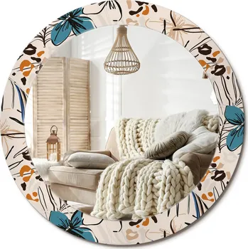 Zrcadlo Nástěnné zrcadlo s ozdobnou grafikou na skle, průměr 70 cm - Květiny a motiv džungle