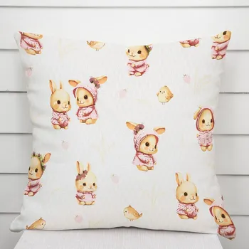 Povlak na dekorativní polštářek Dětský bavlněný povlak na polštář Sandra SA-538 Růžoví zajíčci a ptáčci na bílém 50 x 60 cm