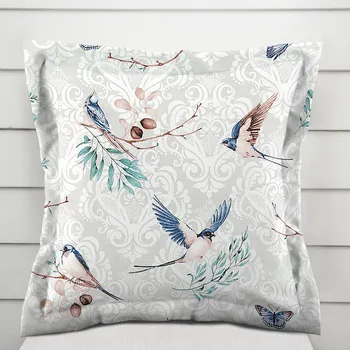 Povlak na polštářek Bavlněný povlak na polštář s lemem Sandra SA-471 Vlaštovky s motýlky na světle šedém ornamentu 30 x 50 cm