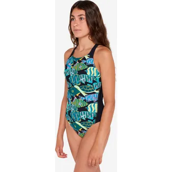 Dívčí oblečení DECATHLON Dívčí plavky jednodílné 500 Kamyleon 10 LET MODRÁ|ČERNÁ