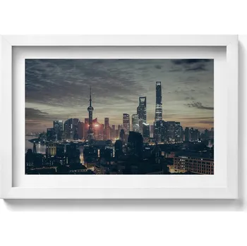 Obraz Dekorativní nástěnný obraz v rámu s grafikou Panorama Šanghaje v noci 30x20 cm
