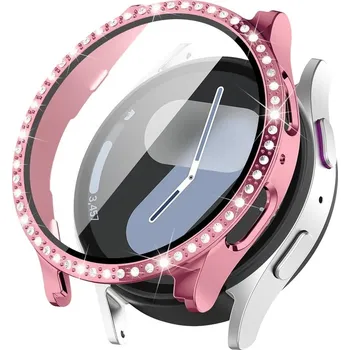 Příslušenství k chytrým hodinkám Barevné ochranné pouzdro s tvrzeným sklem a diamanty pro Samsung Galaxy Watch 4/5 40mm / Galaxy Watch FE Barva: Růžová