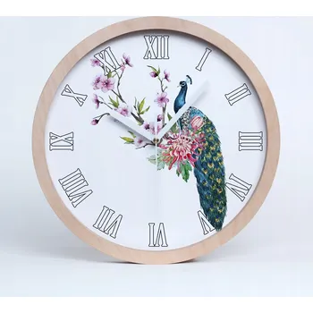 Hodiny Nástěnné tekoucí kuchyňské hodiny páv a květiny průměr 20 cm