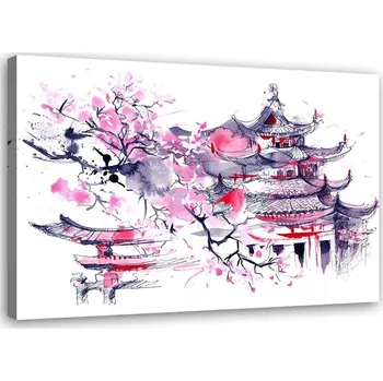 Obraz OBRAZ NA PLÁTNĚ Japonský dům Akvarel lila 100x70