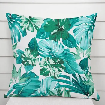 Povlak na dekorativní polštářek Bavlněný povlak na polštář Sandra SA-484 Modro-zelené květy a listy monstery na bílém 40 x 60 cm