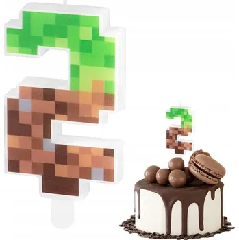 Dortová svíčka NAROZENINOVÁ SVÍČKA ČÍSLO 2 S MOTIVEM MINECRAFT KOSTKY ČÍSLICE NA PÁRTY