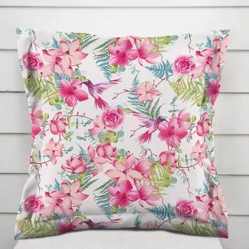 Povlak na dekorativní polštářek Bavlněný povlak na polštář s lemem Sandra SA-493 Kolibříci s růžovými květy na bílém 35 x 45 cm